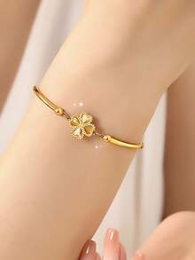 1件装时尚激光切割花朵弯曲钛钢手链，独特设计，优雅女士礼物 - 四鐳射花朵彎管手鍊 - 查看 1