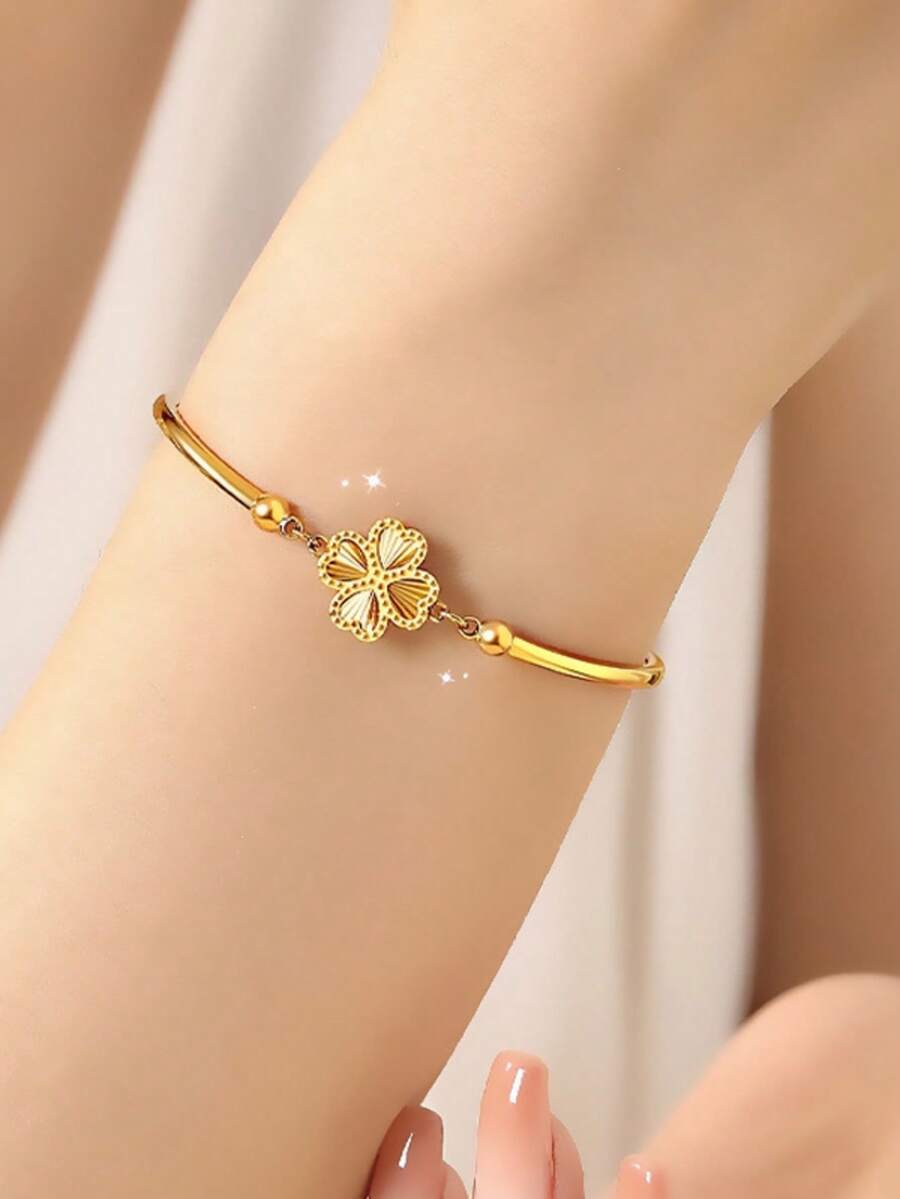 1件装时尚激光切割花朵弯曲钛钢手链，独特设计，优雅女士礼物 - 四鐳射花朵彎管手鍊 - 查看 1