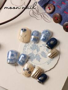 10pcs Press On Nails Blue Blending Black Golden Rose Nails Press On Nail Supplies Short Nails Fake Nails Artificial Nails Kit Includes 1sheet Adhesive Tabs &1 Pc Mini File - Multicolor - View 2