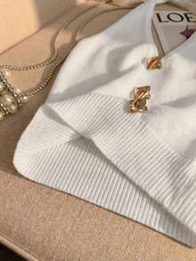 Áo hai dây dệt kim cổ chữ V buộc dây gợi cảm dành cho nữ, áo croptop hở lưng có khóa kim loại cho mùa hè - trắng - Xem 10