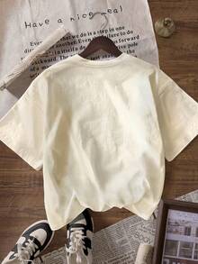 鲜艳的向日葵刺绣设计，花卉印花春夏女装，大码圆领短袖T恤，休闲百搭 - 杏色 - 查看 3