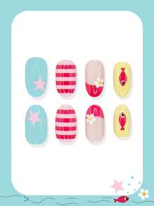 24pcs Oval Short Spring/Summer Press-On Nails, Cute Striped Fish, Flower, Star French Manicure Fake Nails With Bright Colors, Suitable For Beach, Party, Gathering And Daily Decoration - Multicolor - View 2