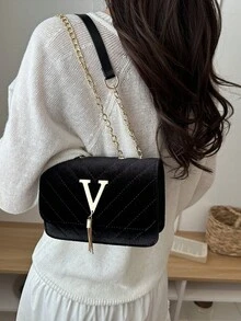 时尚纯色菱格纹翻盖小方包，时尚PU链条斜挎包，女士时尚流苏装饰迷你单肩包钱包，适合购物 - 黑色 - 查看 4