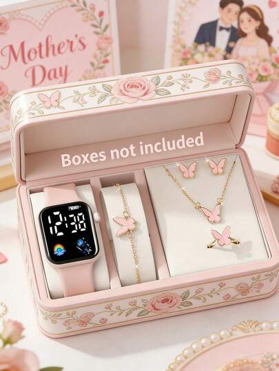 6/5 Pieces. Fashionable, Simple, Elegant And Adorable Square Digital Display Rainbow Pattern Decorated Electronic Watch, Paired With Butterfly Jewelry Set, Necklace, Bracelet, Earrings And Ring. Perfect For Girls To Wear At Parties, Parties, Various Festivals. It Is Also The Best Gift Choice For Mothers/Friends On Mother's Day, Back-To-School Season, Easter.