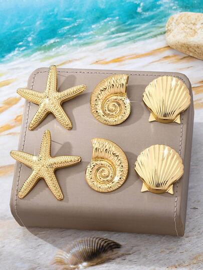 1 Set de pendientes con estilo de metal dorado con forma de estrella de mar, concha y vieira al estilo del océano, adecuado para el atuendo de fiesta, vacaciones de verano y playa de las mujeres