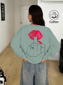 Red Lip Print Fleece Lined Loose Fit Round Neck Sweatshirt, Casual/College Style, Suitable For Daily Wear, Family Gathering, Spring Break, Spring/Summer, Valentine's Day, Carnival, Party, Beach, Wedding, Gym - Light Green - View 2