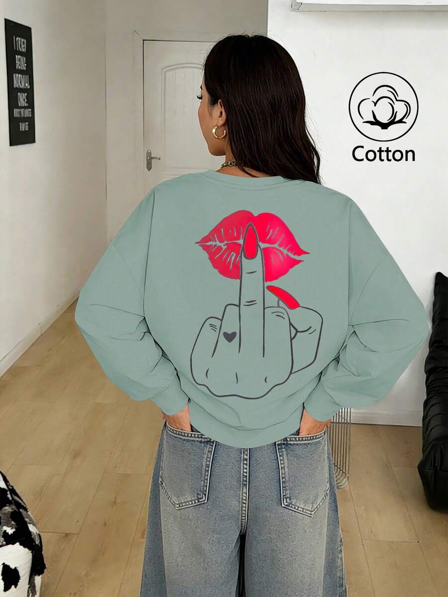 Red Lip Print Fleece Lined Loose Fit Round Neck Sweatshirt, Casual/College Style, Suitable For Daily Wear, Family Gathering, Spring Break, Spring/Summer, Valentine's Day, Carnival, Party, Beach, Wedding, Gym
