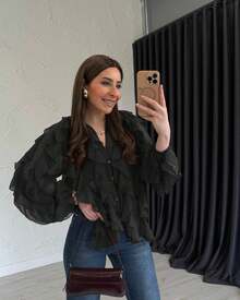 Versatile Casual Commuting Office Asymmetrical Ruffled Semi-Sheer Beige Shirt, Suitable For Dates, Everyday Wear, Beach Vacation, Ruffled Decor Adds Softness, Pair With Jeans For Casual Chic, Or Skirts For Elegant Office Looks - Black - View 6