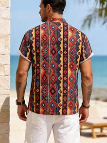 1. Summer Men's Textured Corduroy Printed Shirt Collar Short Sleeve Shirt, Vacation Style Revere Collar Button Casual Shirt, Lightweight Breathable Men's Textured Shirt, Casual Refined Men's Textured Shirt, Shirt Collar Short Sleeve Simple Elegant Commuter Shirt, Summer Beach Casual Shirt Collar Short Sleeve Top, Shirt Collar Design Broadens Shoulders Graceful Comfortable Versatile Casual Street Style Summer Shirt, Casual Men's Outfit - Red - View 3