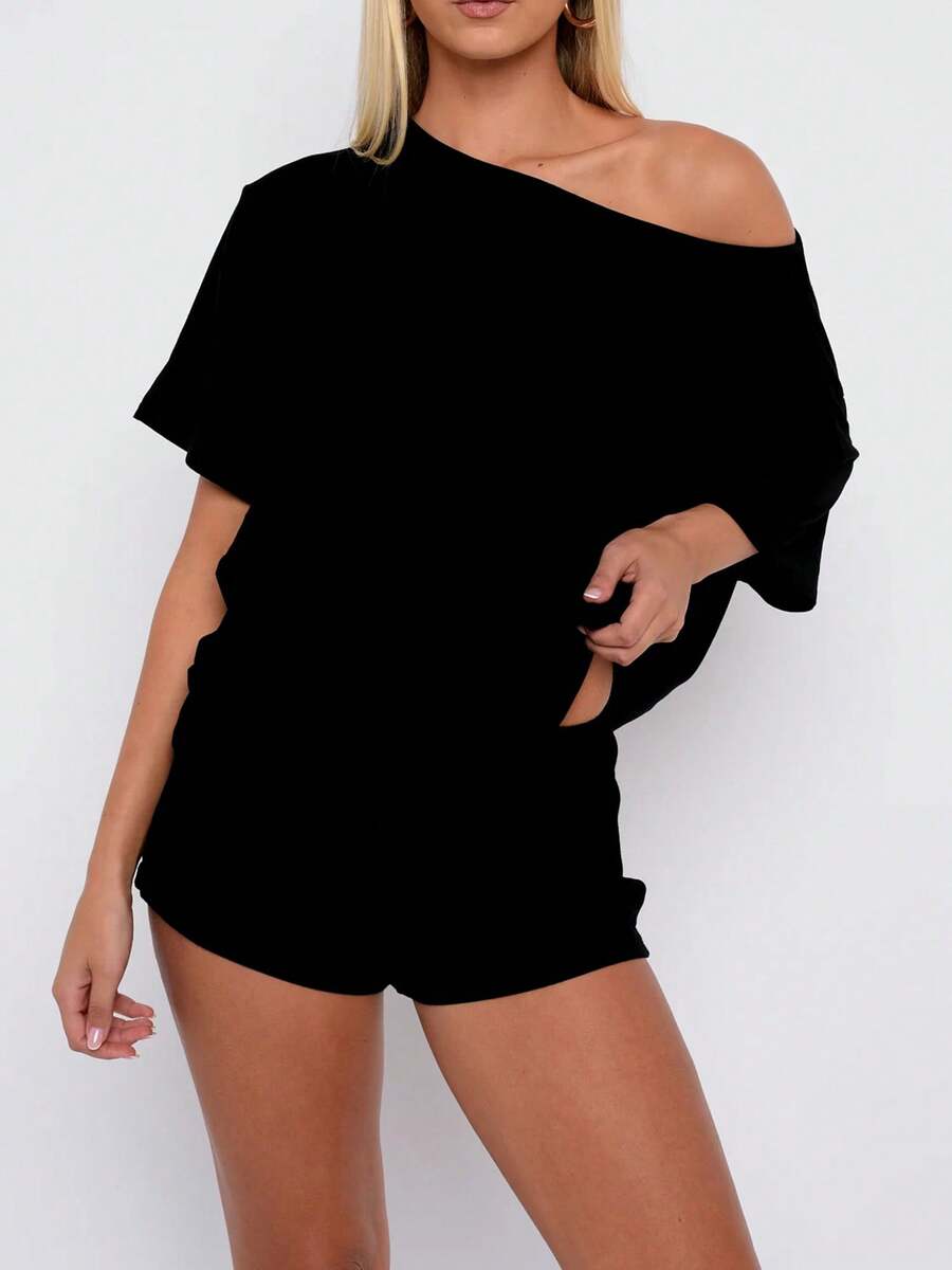 Women Summer Pajama Set Solid Color Off Shoulder Short Sleeve Tops And Mini Shorts 2 Piece Lounge Outfit - Black - View 1