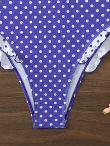 Bodysuit Polkadot Elastis Tinggi untuk Wanita dengan Hiasan Ruffle, Cocok untuk Liburan Pantai Musim Panas - Purple - View 5
