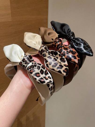 1件装女士新款豹纹PU兔耳宽发箍，高冠不紧绷发夹头饰，优雅百搭，适合日常、休闲、海滩度假、送礼，也适合工作通勤，易于造型，实用单品！