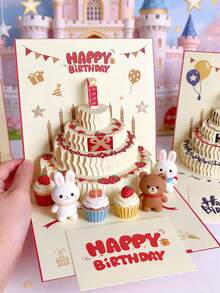 6/1pc 3D Happy Birthday/Christmas Gift Card, Pop-Up Birthday Cake Card With Envelope, Christmas Invitation Card - Birthday Cake - View 2