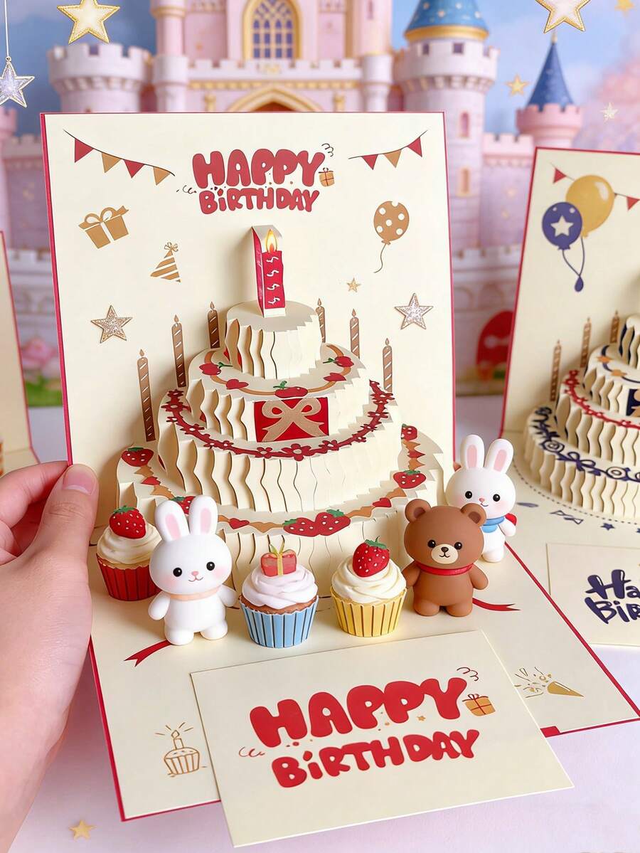 6张/1张3D立体生日/圣诞节贺卡，立体生日蛋糕贺卡带信封，圣诞节邀请卡 - 生日蛋糕款 - 查看 1