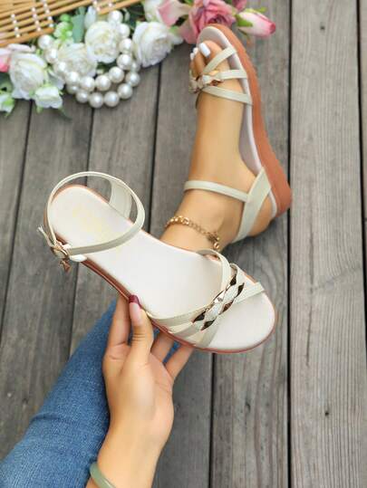 Women's Flat Sandals, New Summer Strap Design With Crystal Pendant, Versatile Student Korean Style Soft Bottom Fairy Flat Sandals, Plus Size