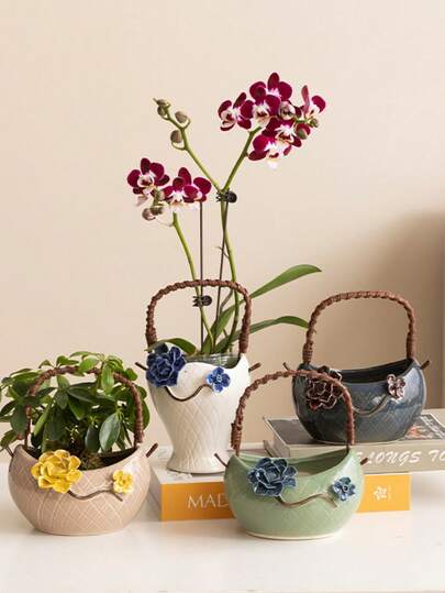 手工多肉植物花盆，陶瓷桌面花盆篮，大号花盆，春季花盆，阳台装饰，可爱花盆，精美植物盆栽，户外及花园用品，适用于花园/卧室/窗台/酒店/书桌/餐桌装饰，节日装饰，精美礼品，可爱小物