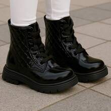 Girls' Ankle Boots, Lace-Up Tractor Sole Boots, Patent Leather Military Style, Youth Ankle Boots, New Release, Comfortable, Winter Fashion - 黑色靴子 - 查看 1