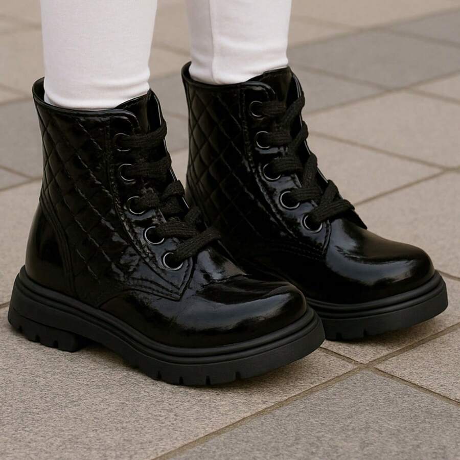 Girls' Ankle Boots, Lace-Up Tractor Sole Boots, Patent Leather Military Style, Youth Ankle Boots, New Release, Comfortable, Winter Fashion - 黑色靴子 - 查看 1