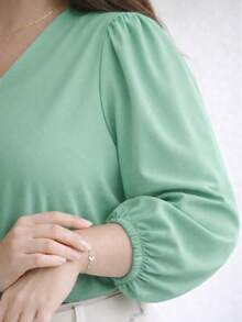 Women's 3/4 Sleeve Blouse In Duna Crepe, Elegant, Workwear, Plus Size (GG, G1, G2, G3), Evangelical Fashion - Mint Green - 薄荷綠 - 查看 2