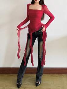 Blusa versátil de manga larga con cuello cuadrado, ajustada, con parches de flecos y unicolor - Burdeos - Ver 7