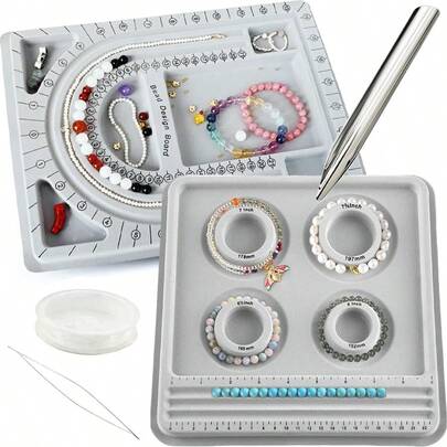 KLONKEE أداة قياس للسوار والقلادة، من مادة رمادية ناعمة، لوح نسج المجوهرات، صينية تخزين المجوهرات، لوح تصميم السوار والقلادة، مستلزمات صنع السوار والقلادة والخرز، 4 أخاديد دائرية أو 3 أخاديد على شكل حرف U، 6 فتحات مغرورقة، مناسبة لصنع المجوهرات DIY للأساور والقلائد وألواح تصميم المجوهرات الأخرى