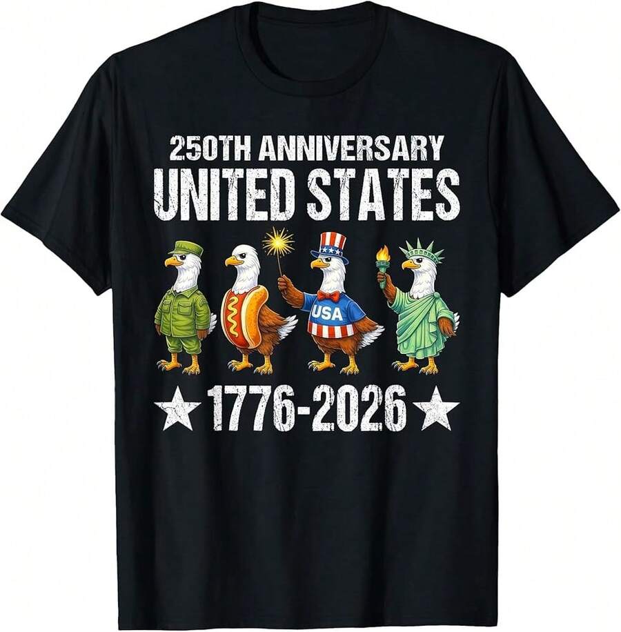 250th Anniversary United States America Eagle 4th Of July T-Shirt - 黑色 - 查看 1