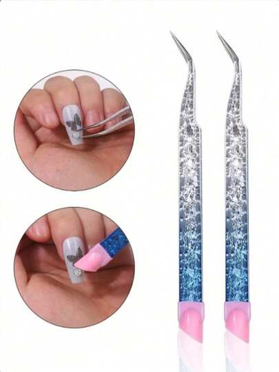1pc Blue Ice Flower Tweezer, Multifunctional Double-Ended Tweezer For Nail Art, With Silicone Stamping Stick