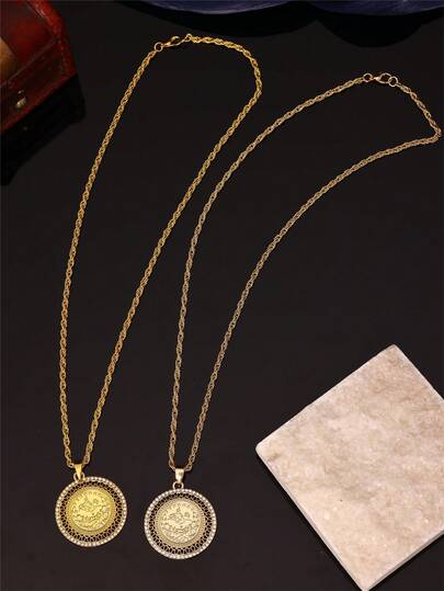 1pc Vintage Middle Eastern Style Gold-Plated Alloy Women's Necklace With Hollow Carved Coin Pendant, Unisex Design For Wedding, Party Or Daily Wear