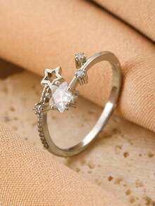 1 chiếc nhẫn hở điều chỉnh được hình ngôi sao thời trang, phù hợp cho nữ giới đeo hàng ngày, dự tiệc và các dịp lễ. - Bạc - Xem 4