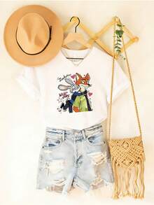 Disney Lightweight Cotton Nick Wilde & Judy Hopps Graphic Tee, Breathable Summer Casual Pullover T-Shirt For Movie FansCrafted From Soft, Comfortable, And Durable Pure Cotton Fabric, This Round-Neck T-Shirt Is An Ideal Choice For The Spring And Summer Seasons. Suitable For A Wide Range Of Occasions-Including Daily Wear, Shopping, Parties, Travel, And Social Gatherings-It Also Makes For An Exquisite Gift. - 白色 - 查看 1