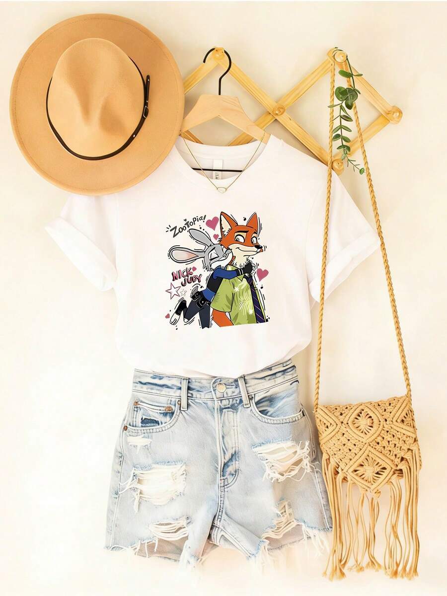 Disney Lightweight Cotton Nick Wilde & Judy Hopps Graphic Tee, Breathable Summer Casual Pullover T-Shirt For Movie FansCrafted From Soft, Comfortable, And Durable Pure Cotton Fabric, This Round-Neck T-Shirt Is An Ideal Choice For The Spring And Summer Seasons. Suitable For A Wide Range Of Occasions-Including Daily Wear, Shopping, Parties, Travel, And Social Gatherings-It Also Makes For An Exquisite Gift. - 白色 - 查看 1