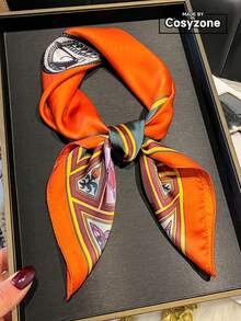 1条优雅复古斑马纹27.5英寸方形围巾，男女通用休闲街头风头巾、发带、脖套、户外防晒配饰 - 橘色 - 查看 1