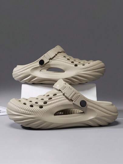  MAOLI 男士纯色休闲镂空透气系带套脚凉鞋，圆头无后跟设计，侧面透气孔，加厚鞋底增高，男女通用情侣户外水上运动凉鞋，带足弓支撑