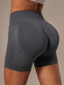 NcmRyu Women's Ono Pc Ribbed Solid Color High Waist Elastic Slim Fit Sports Shorts - Xám - Xem 6
