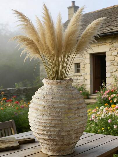 Jarrón de piso de resina vintage, maceta cerámica grande a rayas beige adecuada para pasto pampa, decoración rústica de granja para sala de estar, entrada, patio y jardín, regalo ideal de inauguración de casa, acento bohemio para mesa de comedor y patio exterior