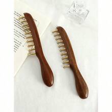 1pc Wide-Tooth Comb, Brass Material Long Handle Large Round Teeth Scalp Massage Brush, Suitable For Curly & Straight Hair Styling, Body Massage Tool - 紅木色 - 查看 7