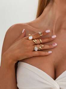 6pcs/Set Elegant Geometric Asymmetric Faux Pearl Inlaid Metallic Stackable Rings Set, Luxurious Chic For Wedding, Party, Vacation, Daily Casual, Street Style, Women & Couples Gift - Ring - View 1
