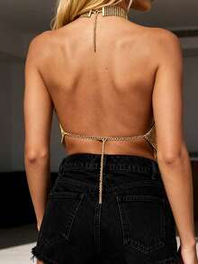 Top Halter de Mujer de Malla con Rhinestones, Brillante, Sin Mangas, Borde Asimétrico, Ajustado para Fiestas y Salidas Nocturnas de Verano - Dorado - Ver 7