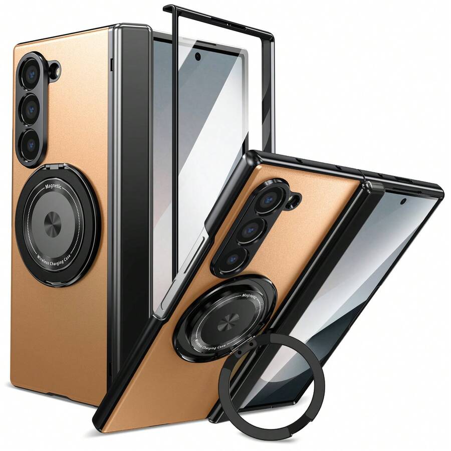 VIETAO 360°旋轉磁吸環支架手機殼,適用於 Galaxy Z Fold 8 Ultra 7 6 5 4,含螢幕保護貼與轉軸保護殼 - 金色 - 查看 1