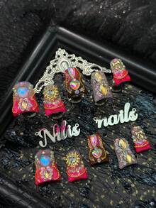 10 piezas Kit de uñas acrílicas cortas de pato, uñas rojo rosa, uñas rosas combinadas con rojo rosa y marrón ojo de gato francés, accesorios de arte de uñas con cadena tridimensional 3D, diamantes de colores y corazones y lazos, decoración de piedras preciosas de uñas ricas y coloridas, adecuado para el estilo artístico Y2K de niñas y mujeres, adecuado para fiestas, uso diario, San Valentín, Año Nuevo y ceremonias, es un gran regalo (incluye: una pieza de pegamento de gelatina y una tira de fricción) - Rosa Fucsia - Ver 3
