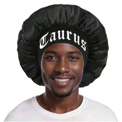 1pc Men's Basic Satin Sleep Cap, Personalized 12 Zodiac Sign Pattern Satin Wide Brim Elastic Sleep Hat