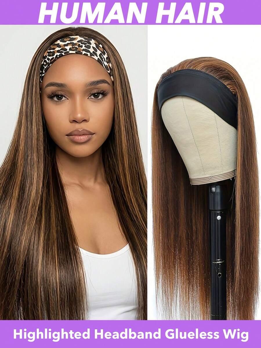 Highlight Ombre Headband Wig Human Hair Straight Headband Wigs For Women Glueless None Lace Front Brazilian Virgin Human Hair #3/30/33 Blonde Wigs Easy To Wear Rose Net Cap 150% Density Hair Wig 8-30Inch - S3/30/33 - View 1