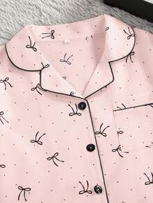 3pcs/Set Piyama Wanita Kasual Longgar dengan Pita, Motif Polkadot, Saku, Kancing Depan, Lengan Pendek, Atasan dan Celana Pendek/Celana Panjang, Musim Semi/Panas - Baby Pink - View 4