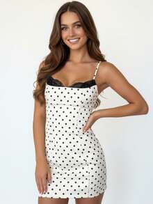 Vestido de fiesta sin mangas con tirantes finos y estampado de lunares para mujer, minivestido ajustado de encaje y patchwork, ideal para vacaciones y cócteles. - Blanco - Ver 6