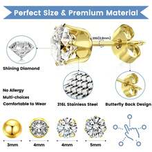 8 piezas Kit de perforación de orejas desechable con pistola de perforación, kit de perforación de orejas con aretes de circonita cúbica de 4 o 6 puntas, con bolas de 3 mm de diámetro, herramienta de perforación de orejas color dorado - Multicolor - Ver 3