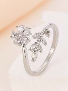 5pcs Fashionable Luxury Delicate Flower, Leaf, Butterfly Cubic Zirconia Adjustable Rings Set, Suitable For Casual, Party, Holiday Wear (No Gift Box) - Silver - View 6