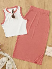 Conjunto de 2 piezas de camiseta sin mangas y falda larga de unicolor con ribete de contraste en estilo vintage elegante para resort, primavera/verano - Blanco y rosa - Ver 7