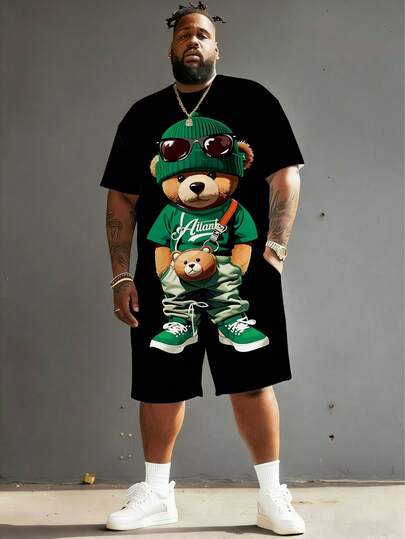Men's Casual Cartoon Series "Cute Bear Set!" Pattern Design Sportswear Set - Polyester Knit Fabric, Round Neck Design, With Drawstring Shorts, Pocket Details, Regular Fit, Suitable For Plus Size