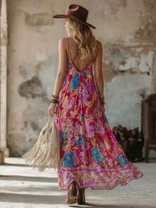 Vuslat 女士夏季休闲宽松 V 领碎花复活节连衣裙，巴厘岛海滩度假风波西米亚连衣裙，适合夏季度假、音乐节、假日穿着 - 玫瑰紅 - 查看 4