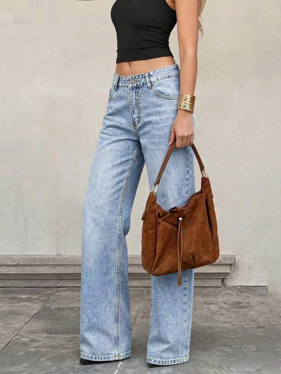 Jeans de cintura baja, pierna ancha y holgada con estilo Y2K para mujeres altas, moda callejera punk - Azul - Ver 1